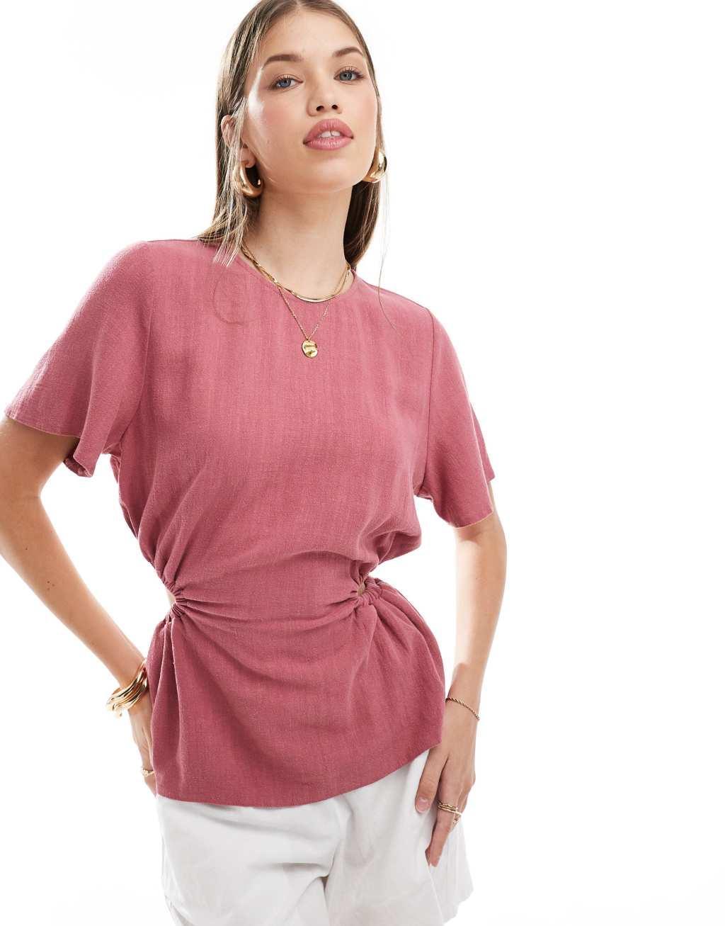 ASOS DESIGN linen blend top with open back in blush Product Image