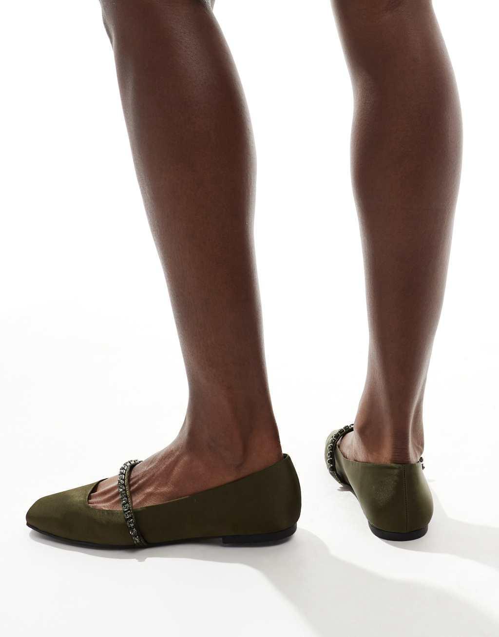 ASOS DESIGN Layla embellished mary jane ballet flat in olive Product Image