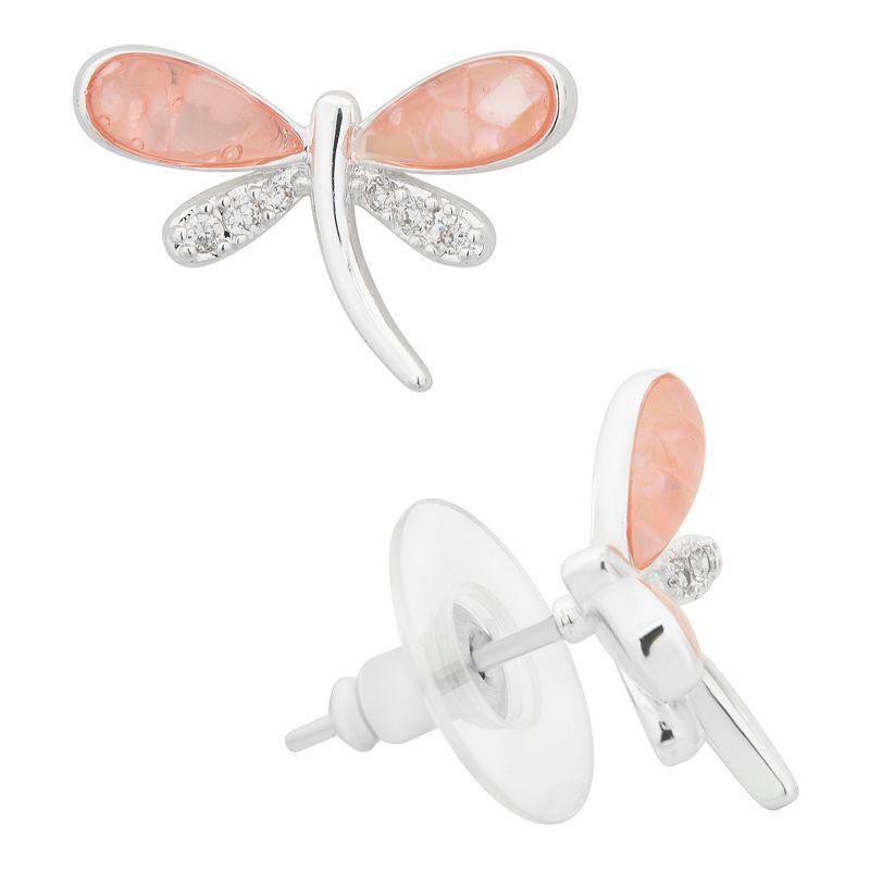 City Luxe Silver Tone Genuine Mother of Pearl & Cubic Zirconia Dragonfly Stud Earrings, Womens, Pink Product Image