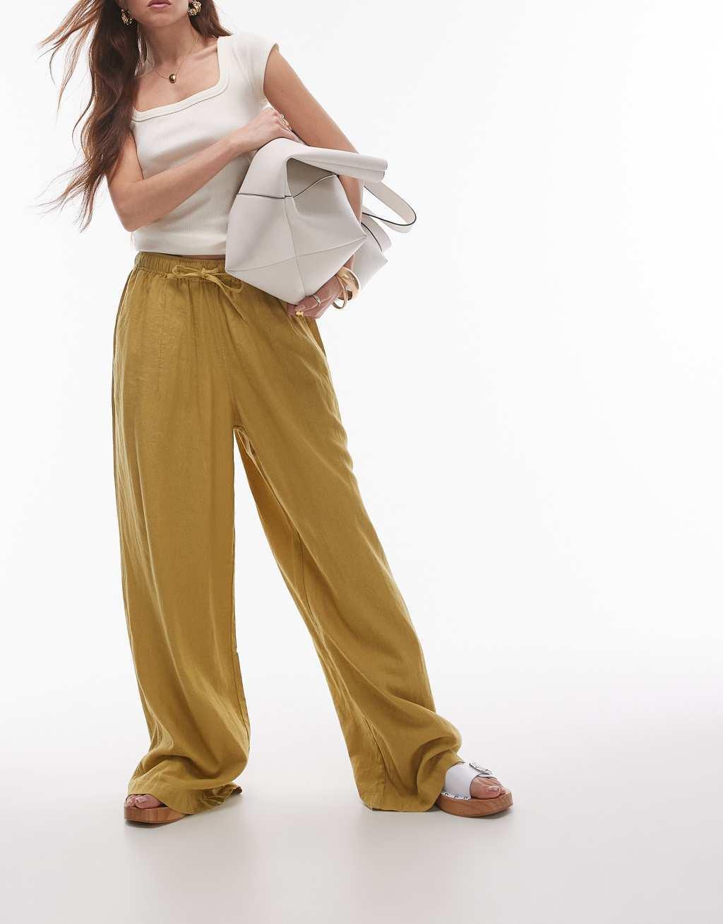 Topshop linen blend balloon pants in green Product Image