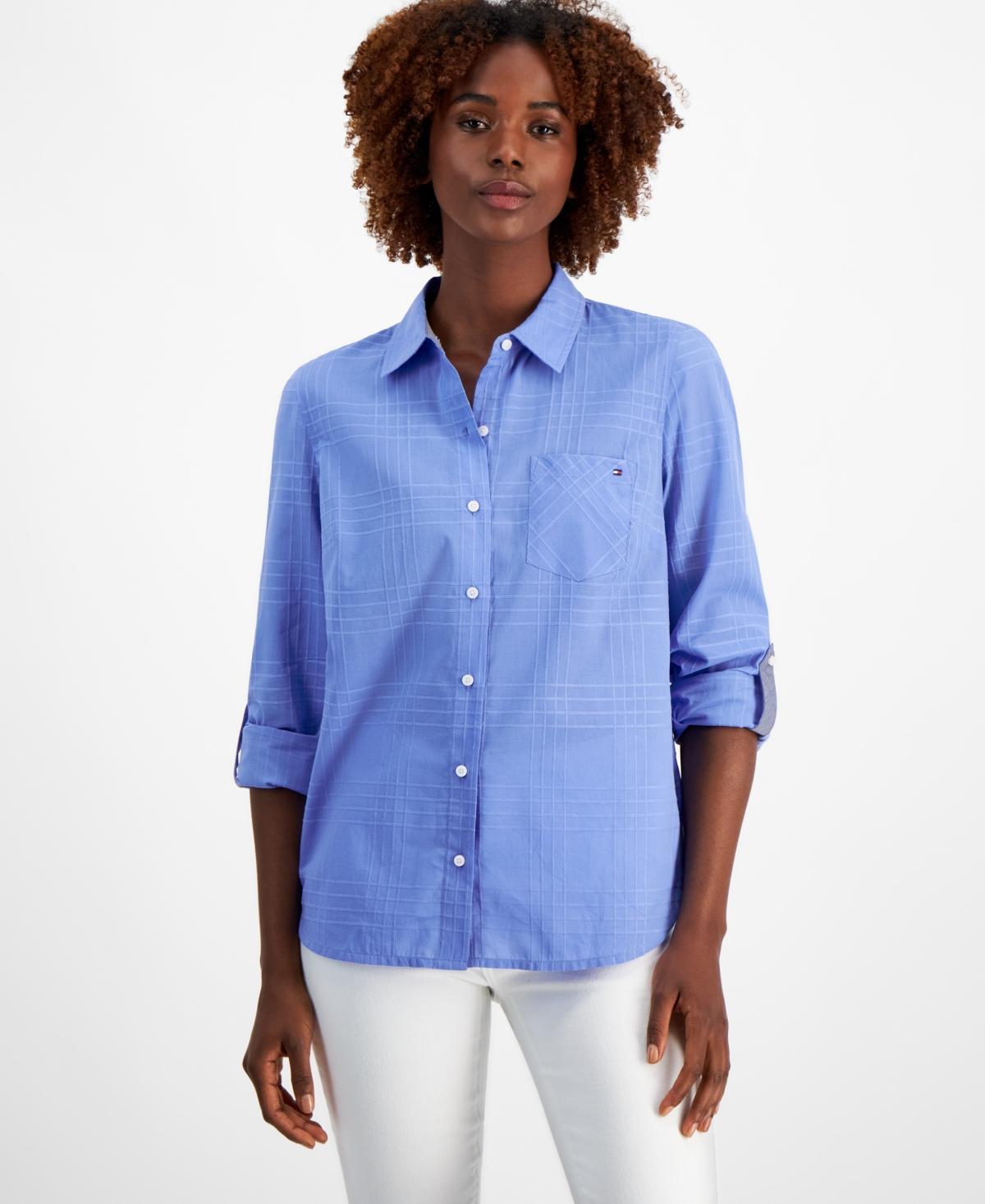 Women's Cotton Tonal-Plaid Roll-Tab Shirt Product Image