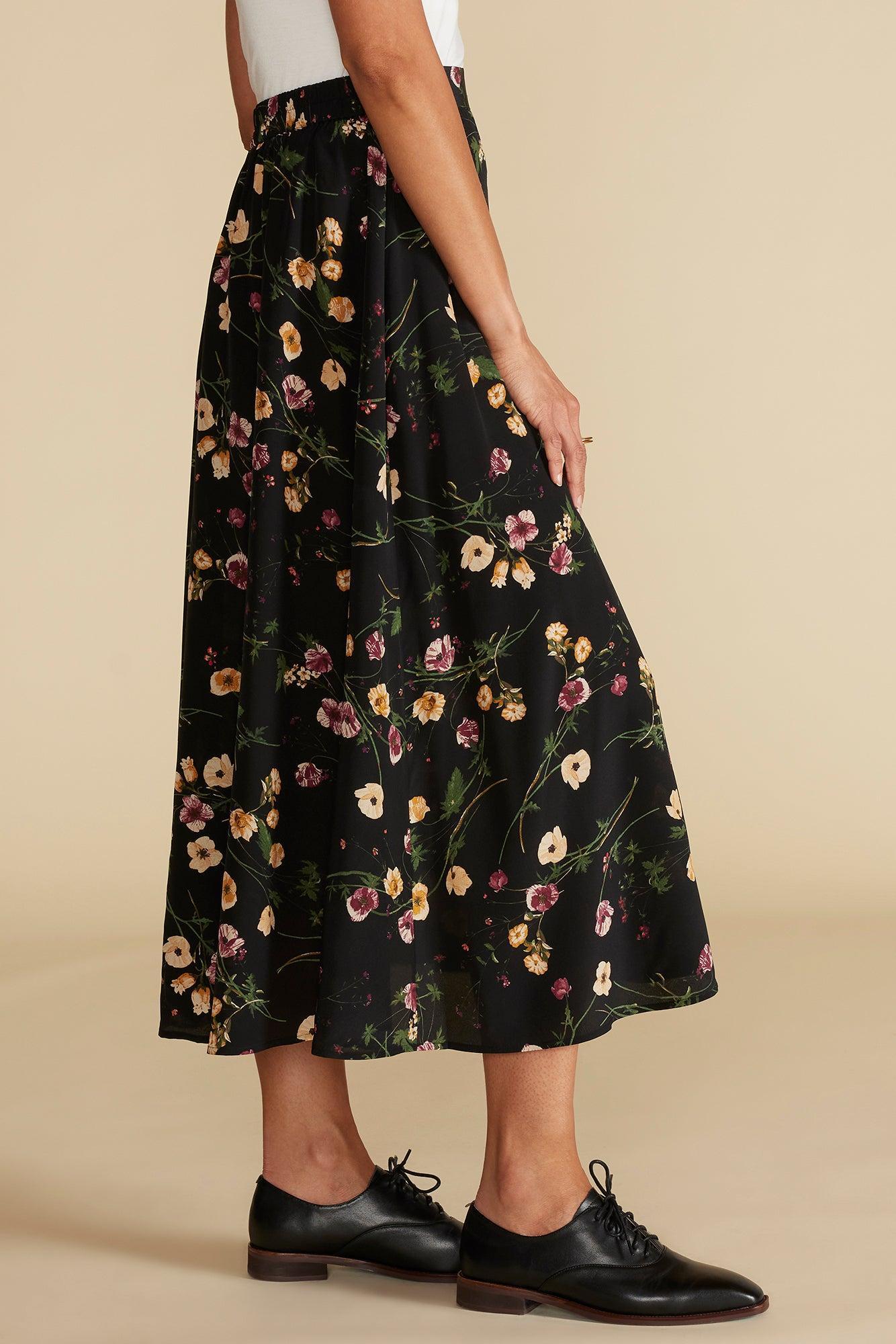 Blaze Washable Silk Skirt - Black Margeuritte Wildflower Print Product Image