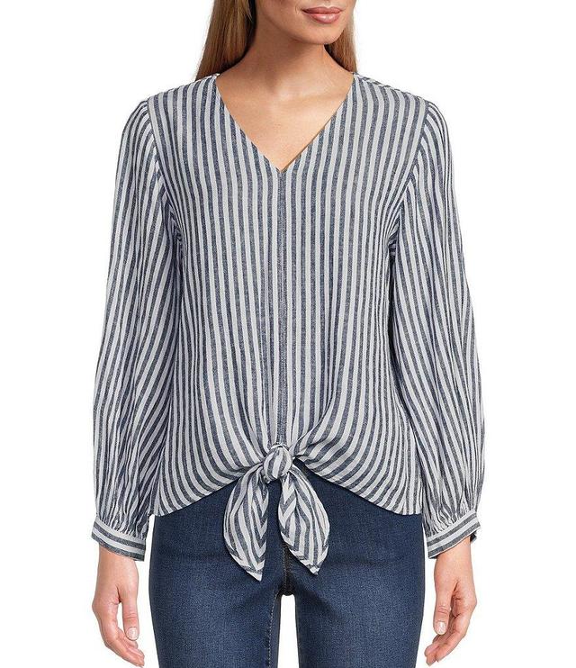 Westbound Petite Size Woven Linen Blend Long Sleeve V-Neck Pullover Tie Front Top Product Image