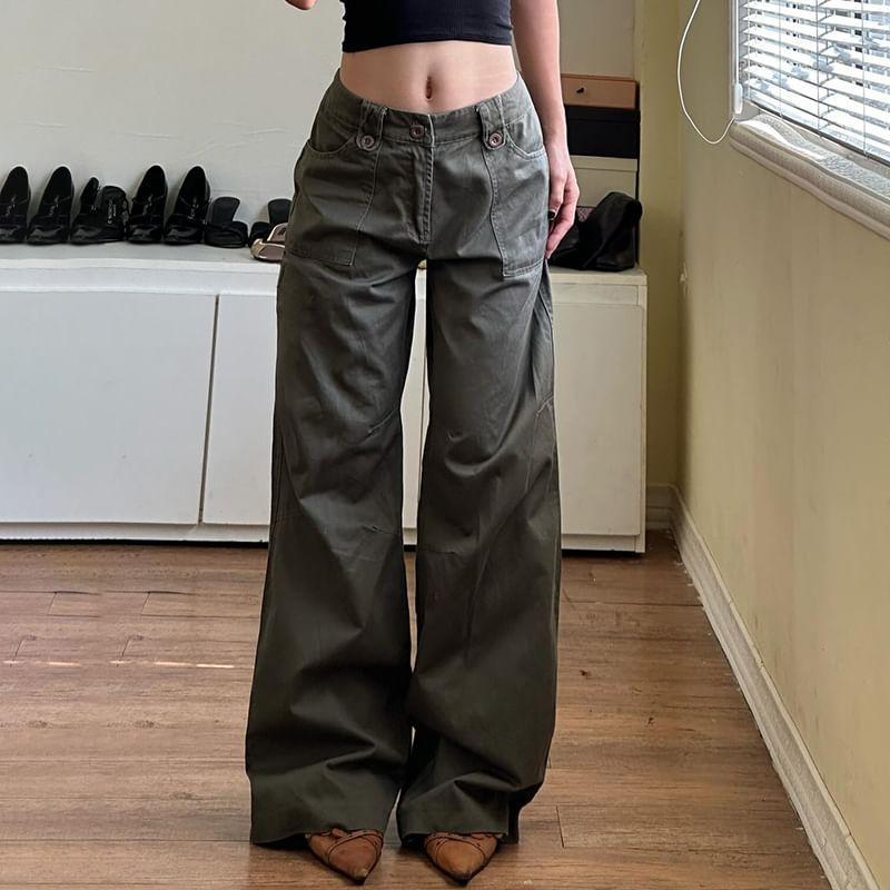 High Waist Plain Wide Leg Cargo Pants Product Image