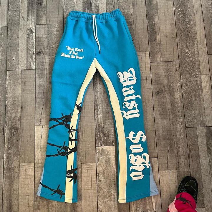 Retro Street Letter Puff Print Blue Flared Sweatpants product image