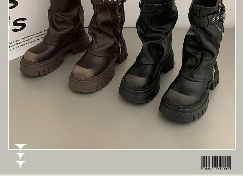 Buckled Platform Chunky Heel Mid-Calf Boots Product Image