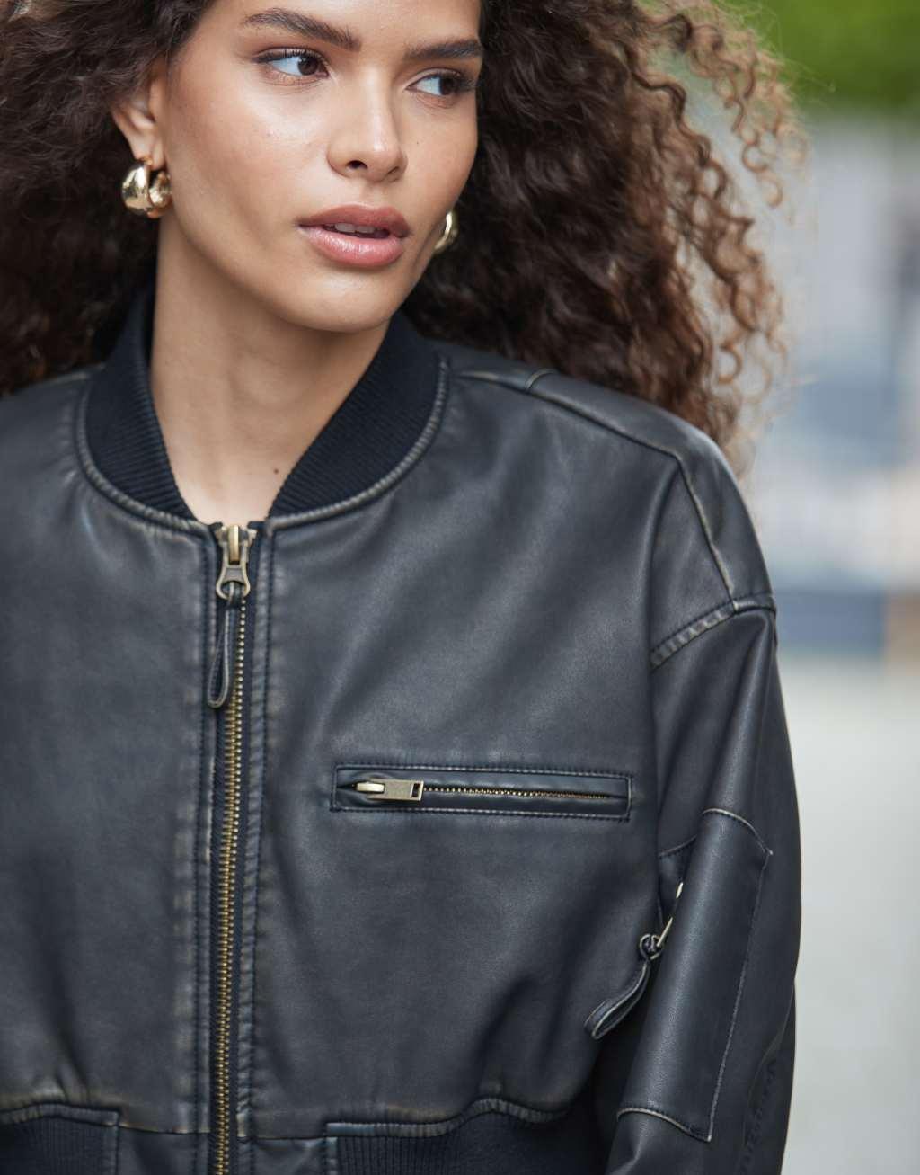 ASOS DESIGN washed cropped leather-look bomber jacket in black Product Image