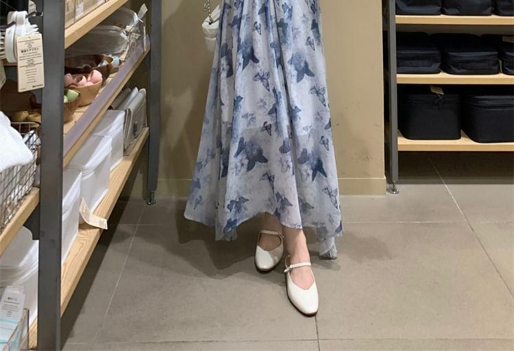 Puff-Sleeve V-Neck Floral Print Midi A-Line Dress Product Image