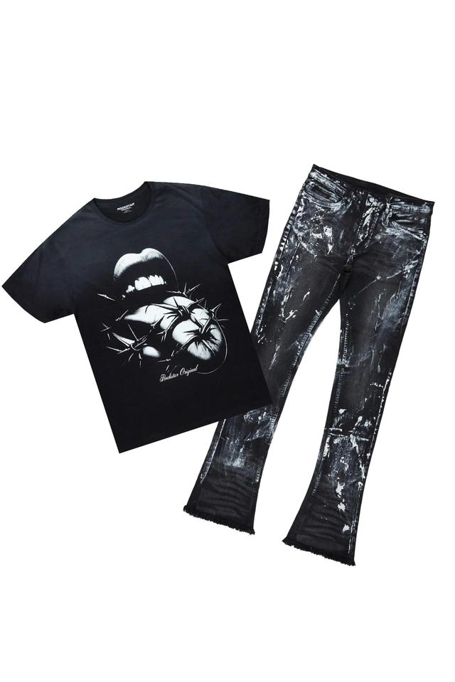 Schmear Black T-Shirt/Stacked Flare Jean Set Male Product Image