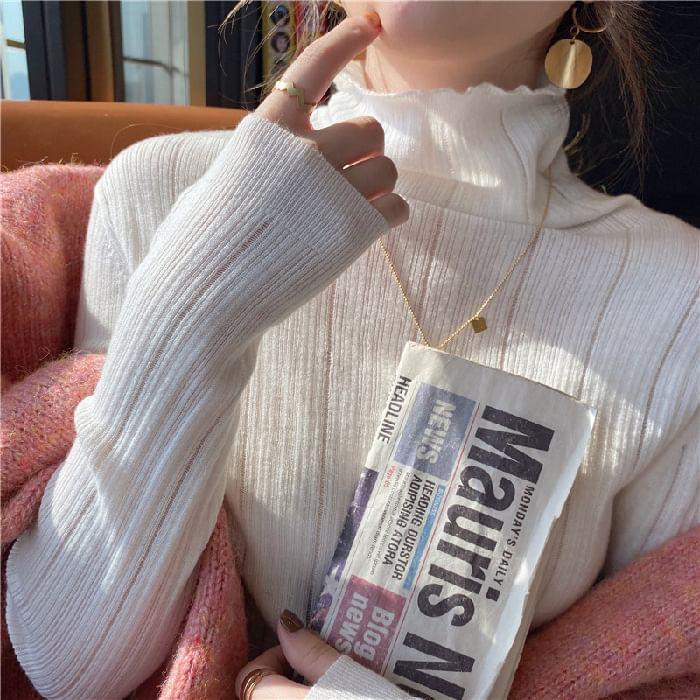 Turtleneck Plain Ribbed Knit Sweater Product Image