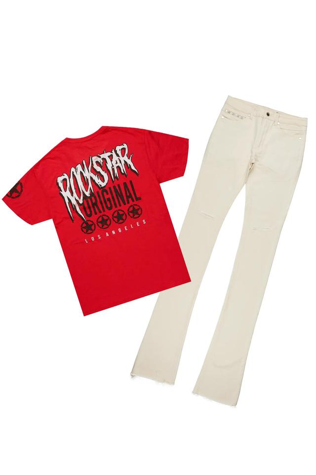 Wizzurd Red T-Shirt & Josiah Beige Super Stacked Flare Jean Bundle Male Product Image