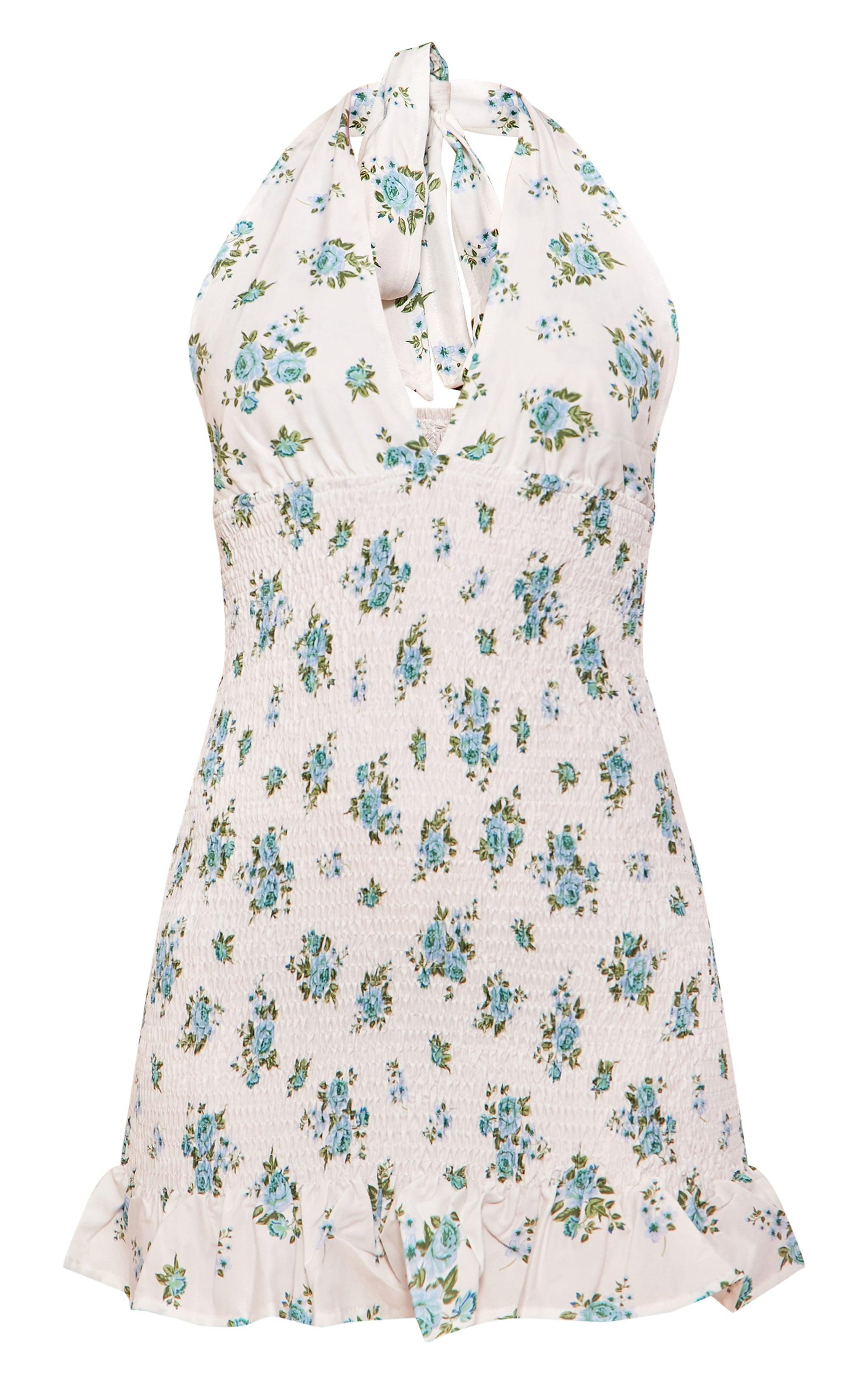 Green Floral Shirred Halterneck Bodycon Dress Product Image