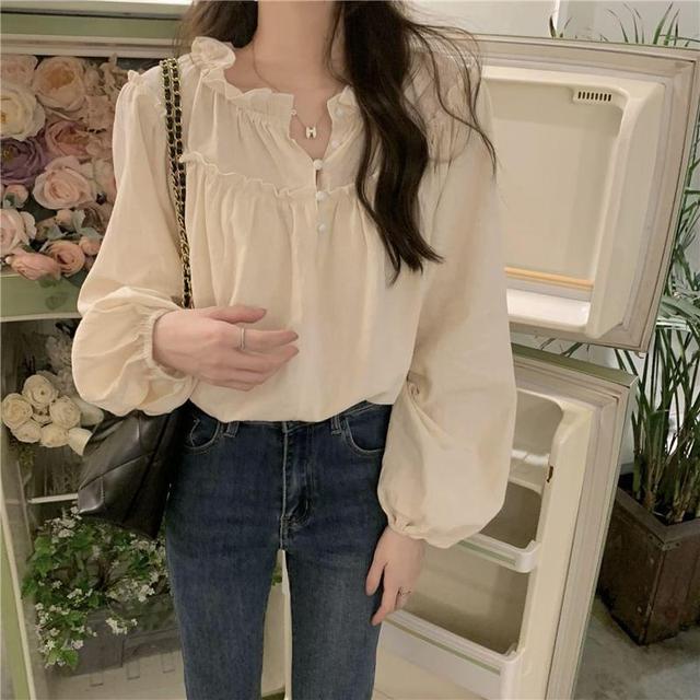 Long-Sleeve Plain Ruffle Trim Blouse Product Image