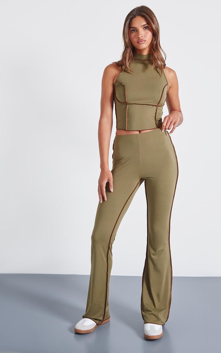 Olive Seam Detail Mid Rise Skinny Flared Trousers Product Image