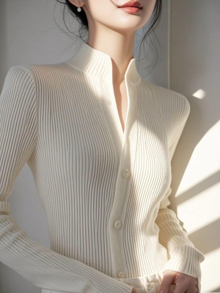 Mock Neck Button-Up Plain Cardigan Product Image