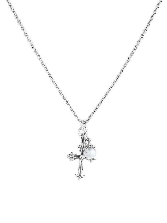 Mens Sterling Silver & Freshwater Pearl Cross Pendant Necklace Product Image