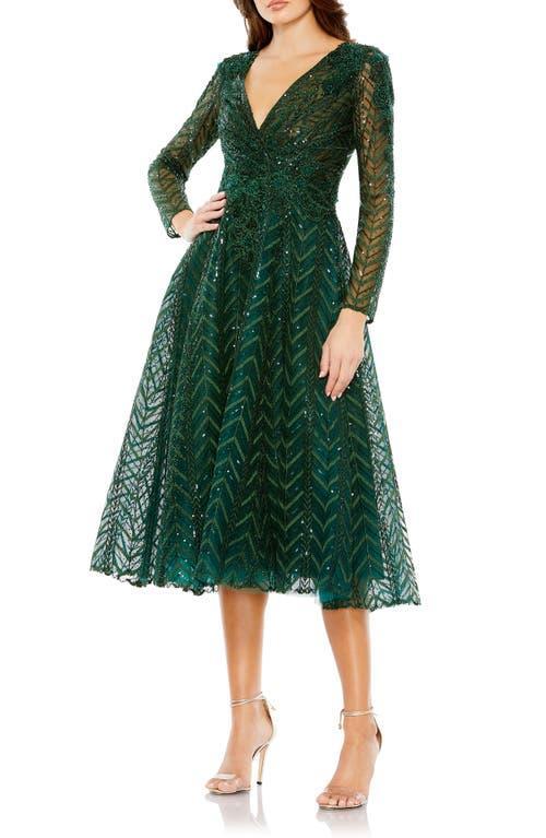 Mac Duggal Bead & Sequin Long Sleeve Tulle Fit & Flare Dress Product Image