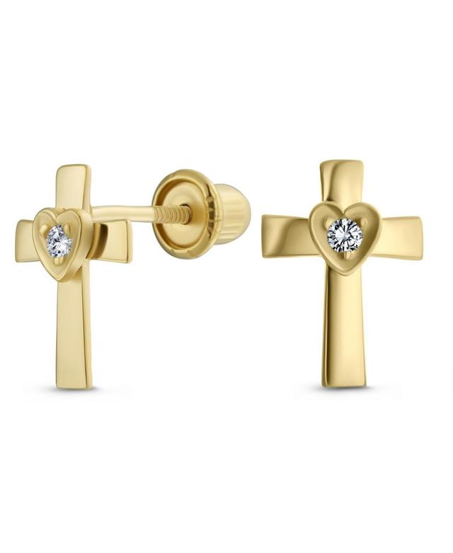 Bling Jewelry Tiny Minimalist Religious Christian Catholic CZ14K Gold Screw back Heart Cross Stud Earrings For Women For Product Image