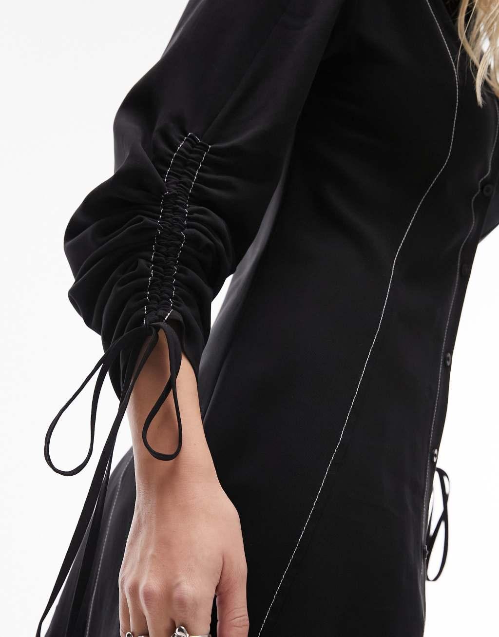 Topshop ruched sleeve mini shirt dress in black twill Product Image