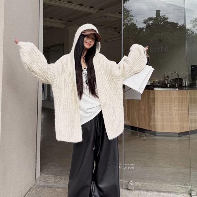 Plain Hooded Open Front Cardigan Product Image