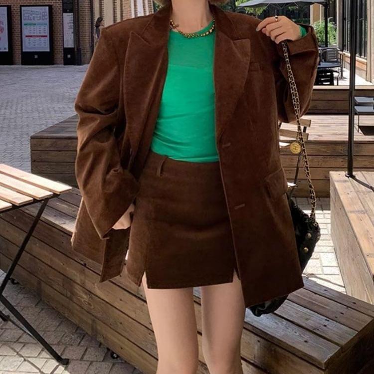 Peak Lapel Plain Corduroy Single-Breasted Blazer / High Rise Slit Mini Pencil Skirt Product Image