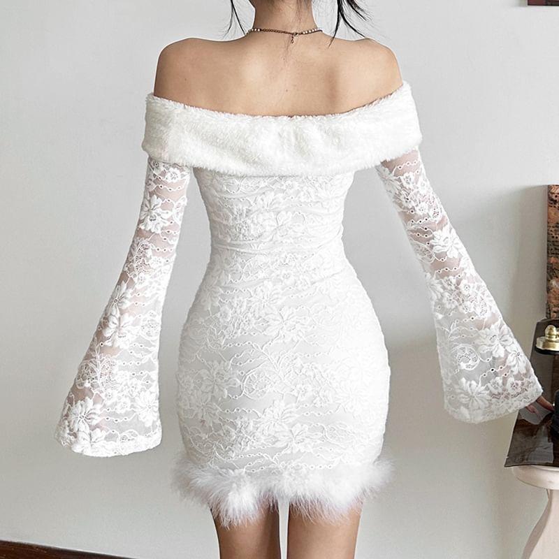 Bell Sleeve Off-Shoulder Fleece Panel Plain Lace Slim-Fit Mini Bodycon Dress Product Image