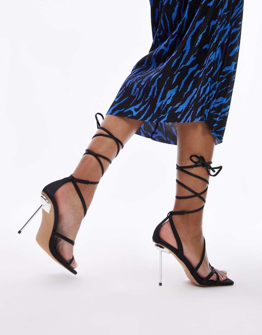 Topshop Stella strappy ankle tie heeled sandal in black Product Image