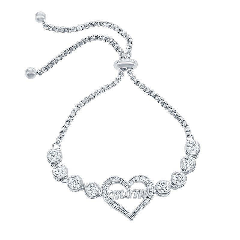 Sterling Silver Mom Heart Cubic Zirconia Bracelet, Womens White Product Image