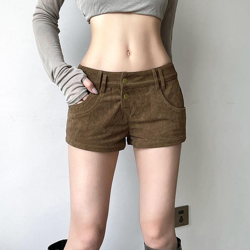 Low Waist Leopard Furry Panel Corduroy Slim-Fit Mini Shorts Product Image