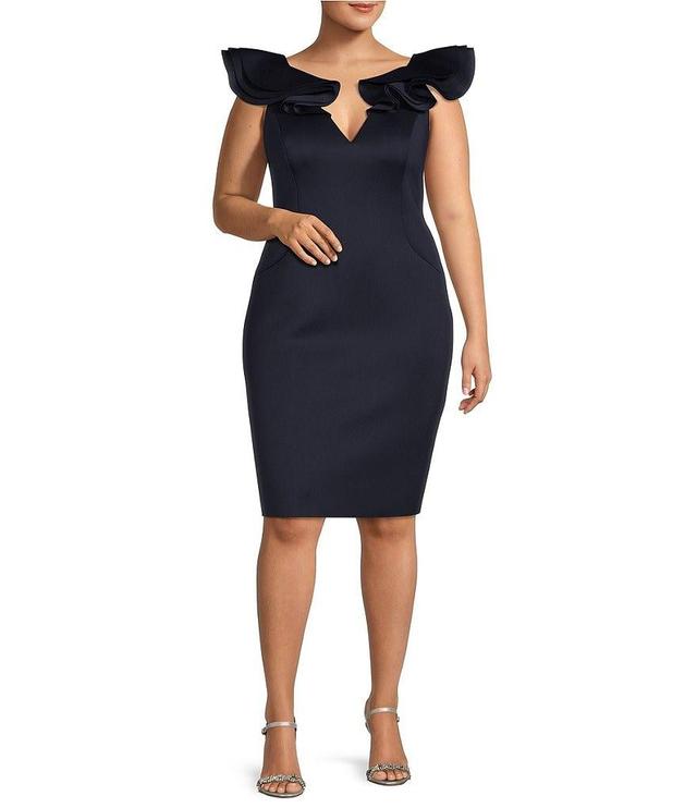 Eliza J Plus Size Scuba V-Neck Ruffle Cap Sleeve Sheath Dress Product Image