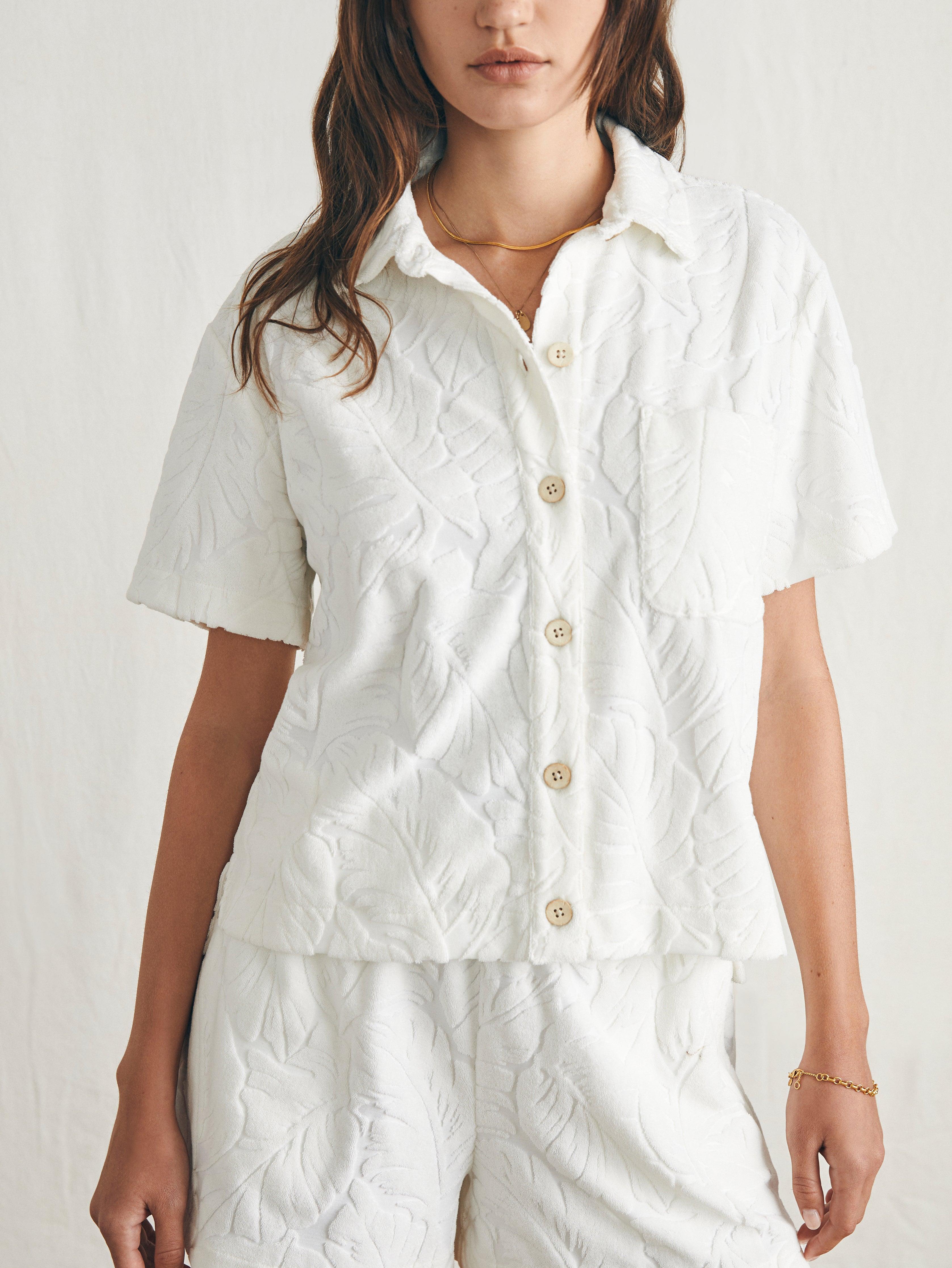 Cabana Towel Terry Short Sleeve Button Up - Tropic Fern Vintage White Female Product Image