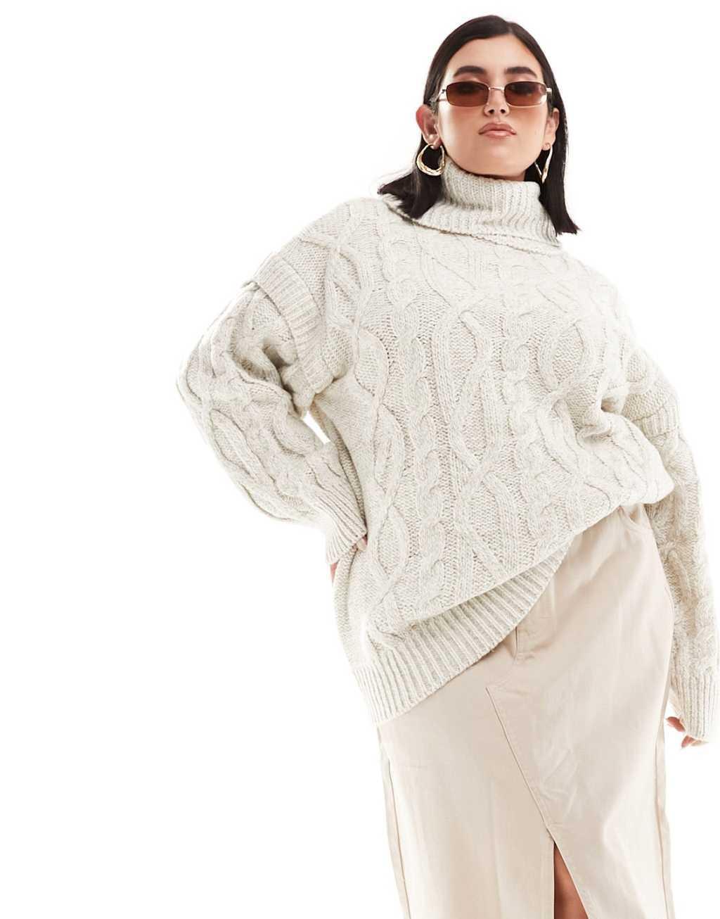 River Island Plus roll neck cable knit sweater in cream Product Image