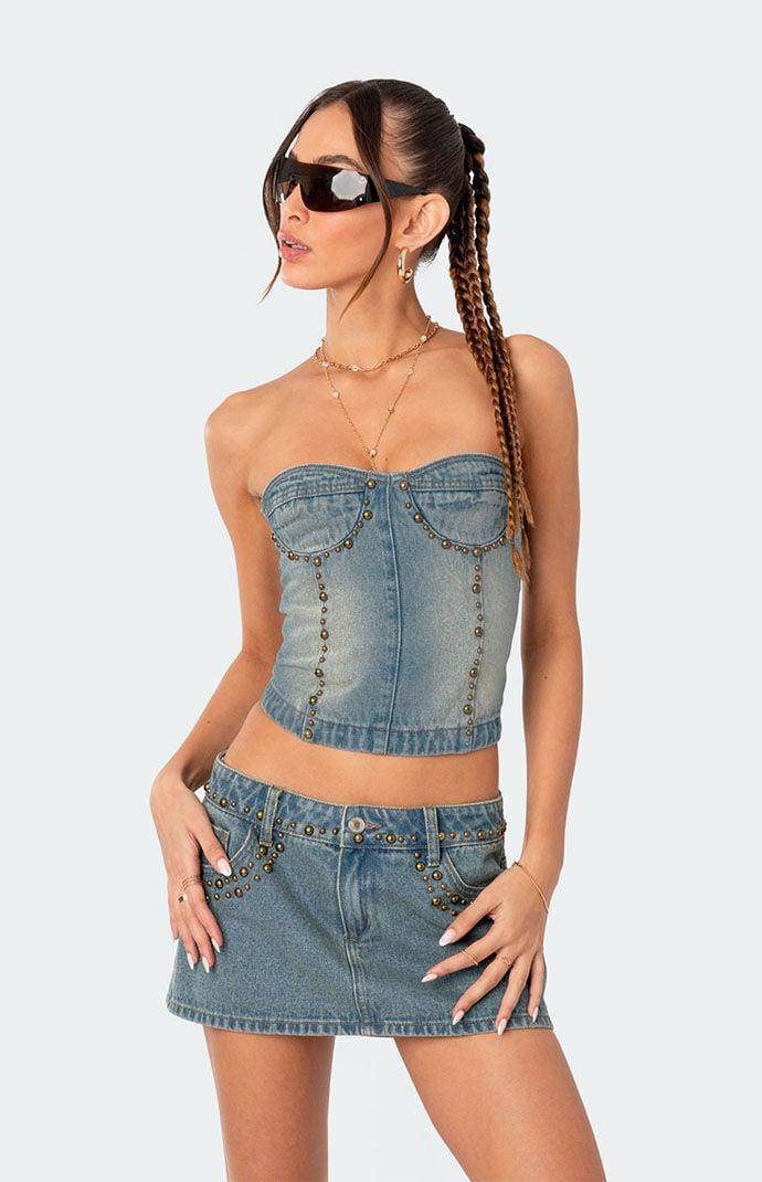 Edikted Womens Studded Washed Denim Lace-Up Corset Product Image