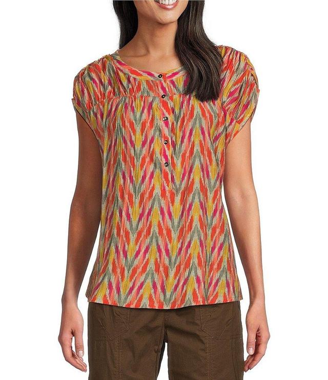 Westbound Petite Size Short Sleeve Chevron Ruched Linen Blend Henley Top Product Image