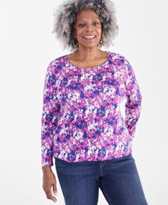 Plus Size Printed Scoop-Neck Long-Sleeve Top, Created for Macy's Product Image