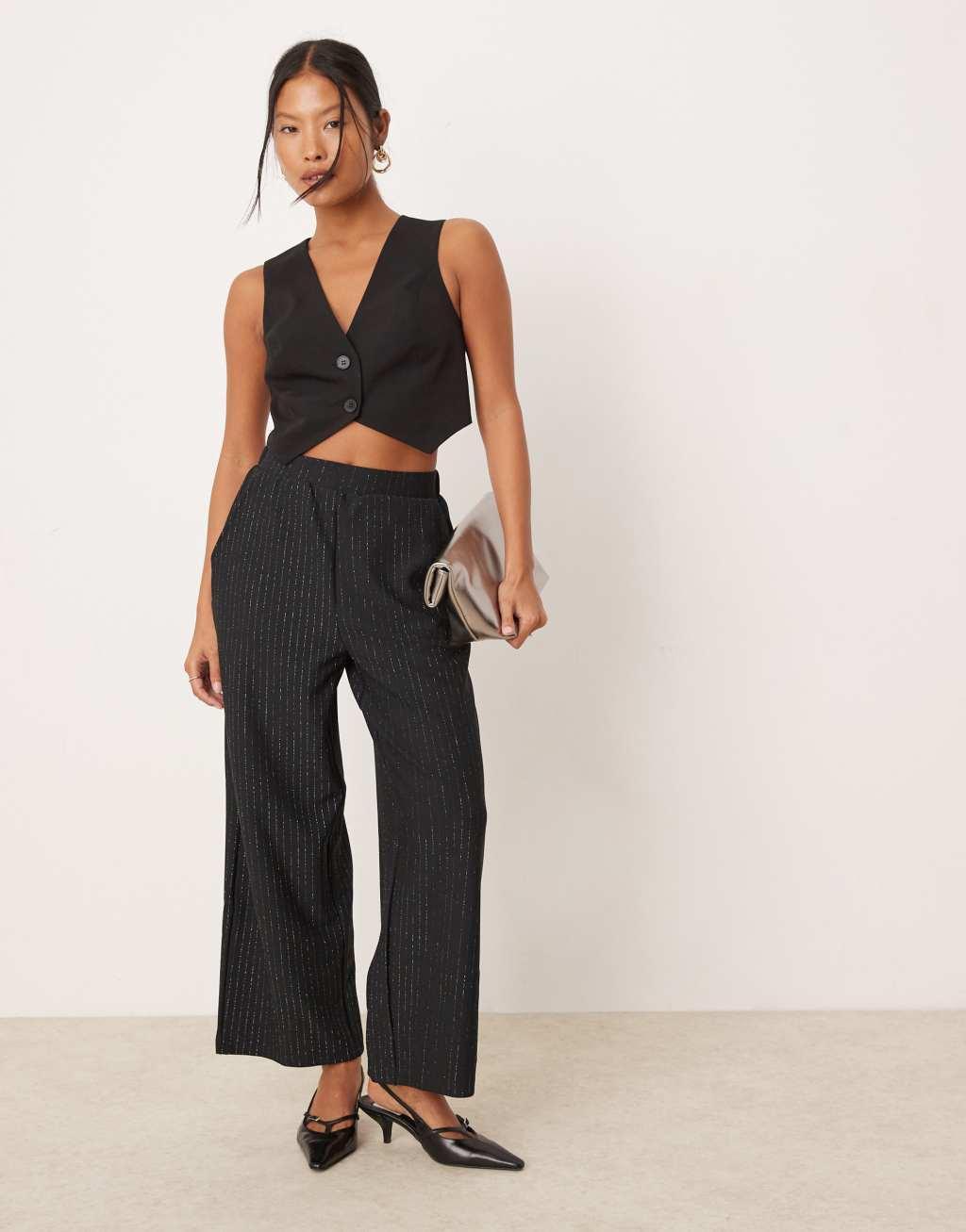 JDY Petite wide leg lurex pants in black Product Image