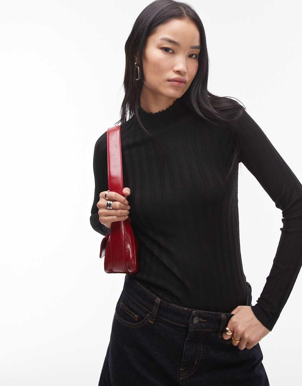 Mango high neck ribbed knit top in black Product Image