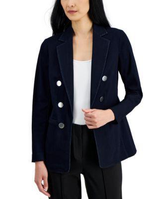 Women's Open Front Double-Breasted Denim Blazer Product Image