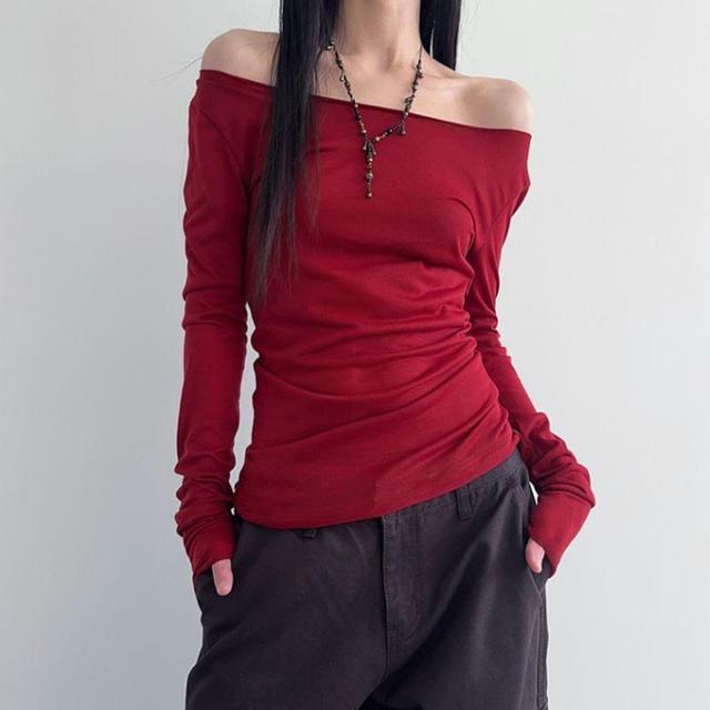 Long-Sleeve Off Shoulder Plain Top / Waist Belt Product Image