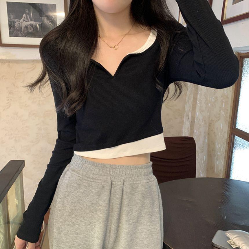 Mock Two-Piece Long-Sleeve Notched Crop Top Product Image