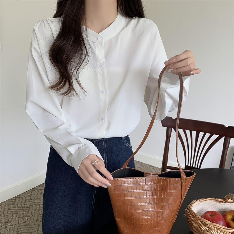 Long Sleeve Band Collar Plain Shirt Product Image