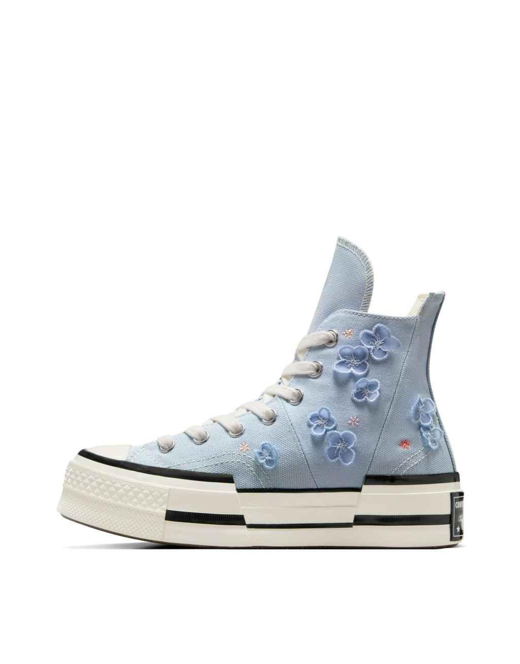 Converse Chuck 70 Hi platform sneakers with flower embroidery in blue Product Image