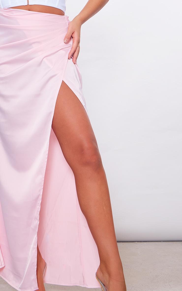 Pale Pink Structured Satin V Front Ruched Split Front Maxi Skirt Product Image