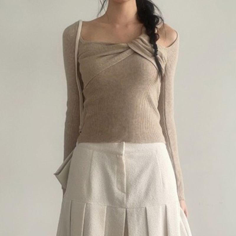 Long Sleeve Asymmetrical Neck Ribbed Knit Top Product Image