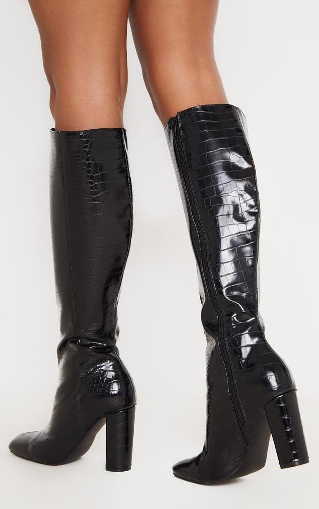 Black Round Block Heel Knee High Boots Product Image