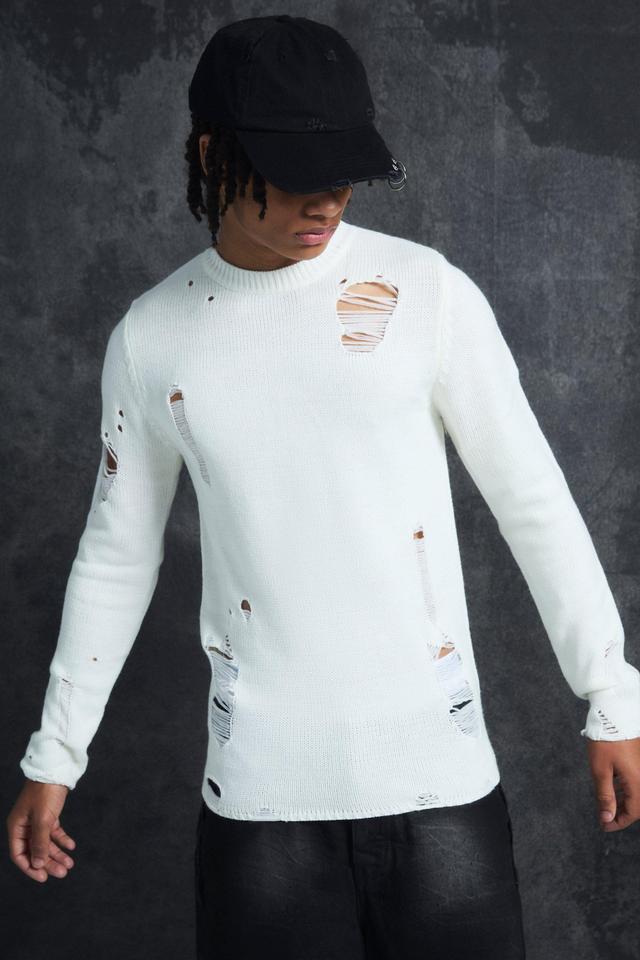 Trippie Redd Muscle Fit Distressed Sweater | boohooMAN USA Product Image