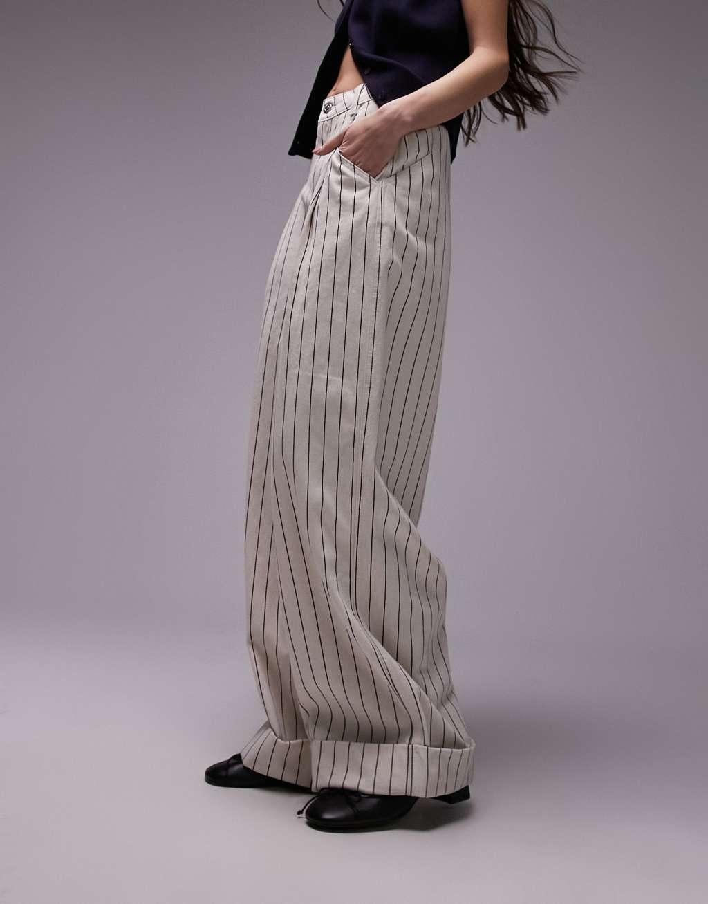 Topshop stripe wide leg cuffed hem pants in ecru Product Image