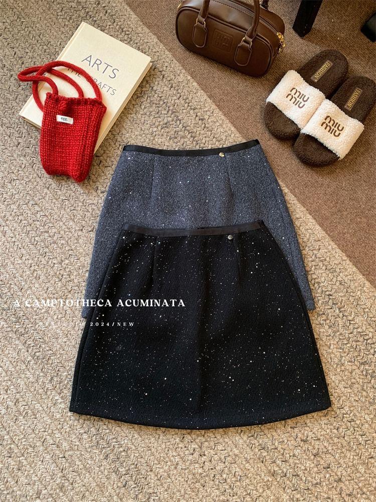 High Rise Plain Glitter Mini A-Line Skirt Product Image