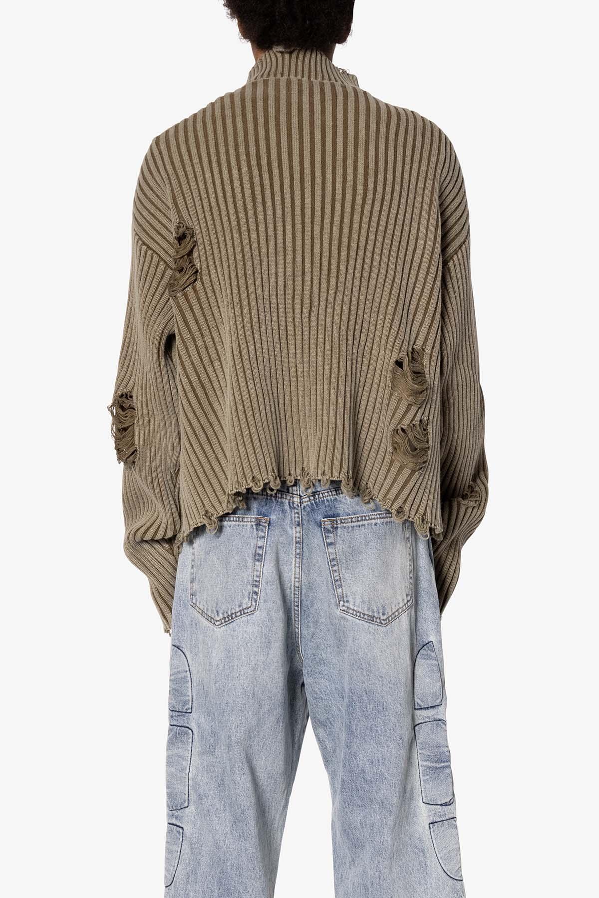 Distressed Crop Knit Sweater - Olive Product Image