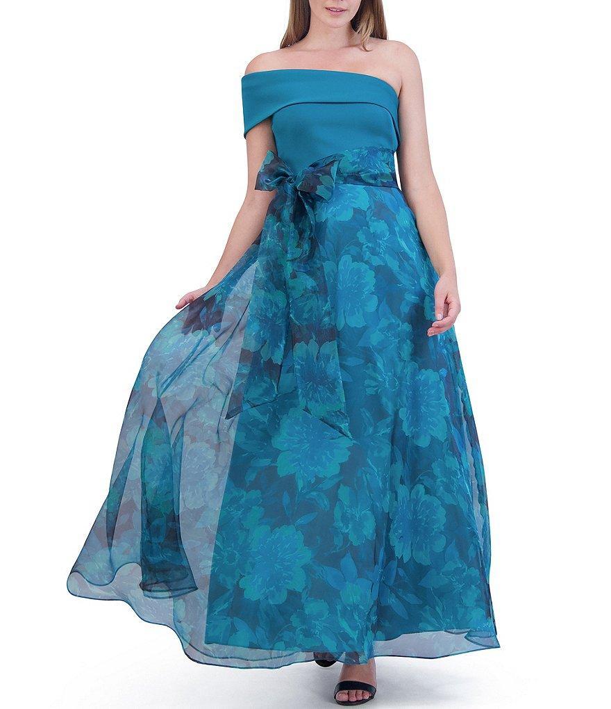 Eliza J Scuba Organza Floral Print Skirt One Shoulder Neckline Short Sleeve Tie Waist Bow Gown Product Image